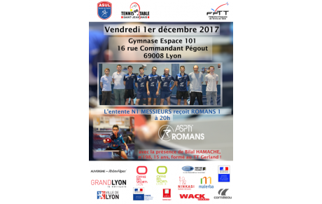 Nationale 1 messieurs : l'ASUL/TTSJ reçoit l'ASPTT Romans vendredi 1er décembre à 20h !